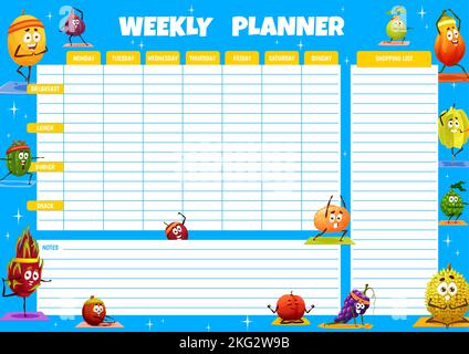 Planificateur hebdomadaire avec des fruits de dessin animé sur la forme physique de yoga. Menu de régime calendrier de la semaine, repas de cuisine du jour avec melons, kiwi, litchi et nectarine, raisin, durien, carambola personnages drôles sur la forme physique Illustration de Vecteur
