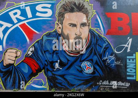Street art par Citra-Arm Crew à Paris, France. Joueur de football Lionel Messi Banque D'Images