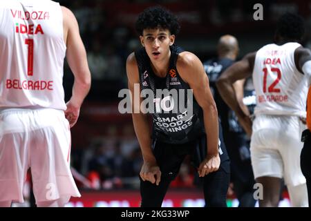 Belgrade, Serbie, 17th novembre 2022. Zaccharie Risacher de LDLC Asvel Villeurbanne réagit lors du match Euroligue 2022/2023 de Turkish Airlines entre Crvena Zvezda mts Belgrade et LDLC Asvel Villeurbanne à Aleksandar Nikolic Hall à Belgrade, Serbie. 17 novembre 2022. Crédit : Nikola Krstic/Alay Banque D'Images