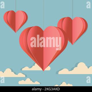 illustration de trois coeurs rouges suspendus sur un ciel bleu et des nuages blancs Illustration de Vecteur