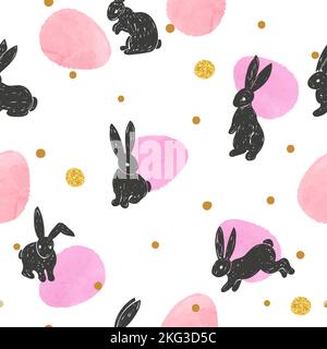 Motif Pâques sans couture avec de jolies silhouettes de lapin et des œufs d'aquarelle. Illustration de Vecteur