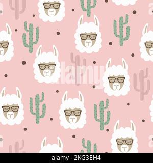 Motif de cactus et de lama de dessin animé sans couture. Imprimé bébé Illustration de Vecteur