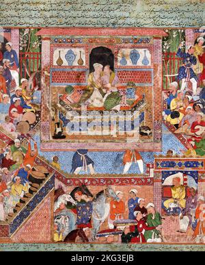 Mir Sayyid Ali; Feridun Shah, roi de Grèce, se convertit à l'islam et épouse sa fille à Hamza; Circa 1557-1572; illumination manuscrite; cotto Banque D'Images