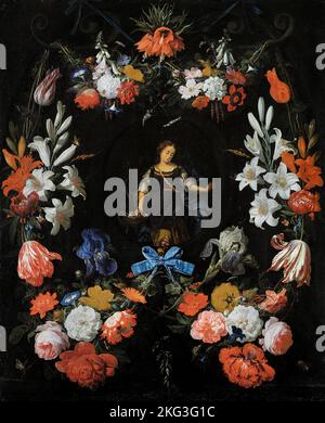 Abraham Mignon; guirlande de fleurs; Circa 1675; huile sur toile; Musée des beaux-arts de Bilbao, Bilbao, Espagne. Banque D'Images