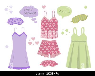 Vêtements de nuit pour femme, vêtements de nuit pour femme, ensemble pyjama tendance de la collection. Vecteur de style plat Illustration de Vecteur