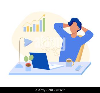 Un homme détendu après un travail productif s'assoit au bureau avec un ordinateur portable. Personnage masculin avec les mains derrière sa tête. Illustration vectorielle. Concept d'entreprise Illustration de Vecteur