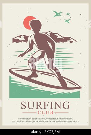 Surfing club grunge typographie modèle de conception d'affiche, illustration vectorielle dans le style rétro. École de surf, concept d'activité de l'eau de plage pour bannière, circulaire Illustration de Vecteur