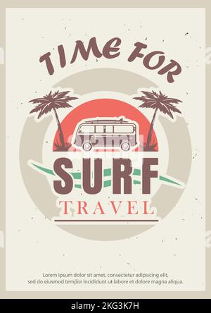 Il est temps de surfer grunge typographie modèle de conception d'affiche, illustration vectorielle de style rétro. Club de surf, concept de camp de surf pour bannière, prospectus. Illustration de Vecteur