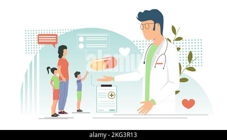 Pédiatre médecin prescrivant des médicaments pour les enfants traitement visite clinique avec leur mère, illustration vectorielle. Examens pédiatriques, médecine Illustration de Vecteur