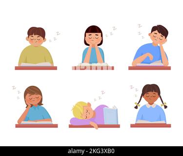 Enfants de différentes nationalités à la table d'étude. Mignon enfants garçons et filles dormir avec le livre en classe. Ensemble de vecteur de pupilles paresseuses ou fatiguées. Illustration de Vecteur