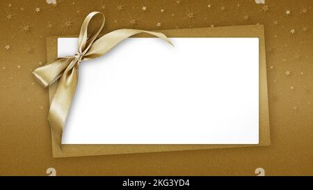 Carte de voeux cadeau de Noël vierge avec noeud en ruban doré brillant, isolé sur fond beige avec étoiles étincelantes, vue de dessus copie blanche espace tem Banque D'Images