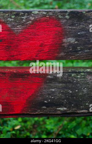 Coeur rouge vif peint à l'arrière d'un banc en bois dans le parc Banque D'Images