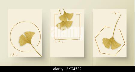 Définir les feuilles de Ginkgo biloba. Éléments de dessin à la main de luxe pour cartes de mariage logo, cosmétiques, spa, bijoux, design de yoga. Illustration vectorielle élégante Illustration de Vecteur