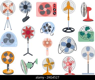 Ventilateurs électriques. Équipement de climatisation à circulation d'air, types de ventilateurs de refroidissement pour ensemble de vecteur de dessin animé par temps chaud Illustration de Vecteur