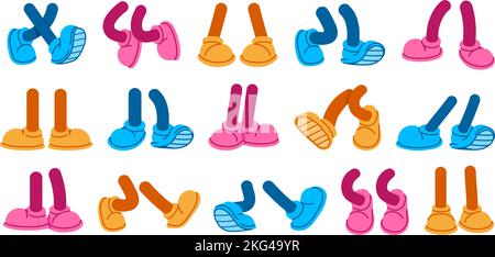Pattes de dessin animé. Pieds debout et de marche, paires de jambes de bande dessinée avec des chaussures pour mascotte personnage design ensemble vectoriel Illustration de Vecteur