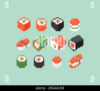 Ensemble d'œuvres d'art en forme de pixel pour les rouleaux de 8 bits cuisine japonaise traditionnelle. Illustration vectorielle pixélisée Illustration de Vecteur