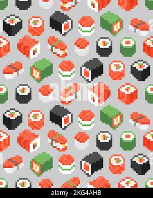 Sushi roule pixel art motif sans couture. Fond de cuisine japonaise traditionnelle 8 bits. Texture vectorielle pixélisée Illustration de Vecteur