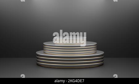Podium vide en argent triple ovale avec touches dorées sur fond noir. Se tenir sur un avec arrière-plan. Support argent pour la présentation du produit ou du produit. Banque D'Images