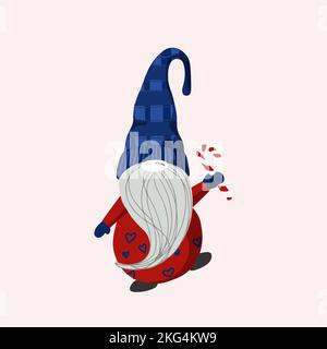 Gnome de Noël scandinave avec Noël canne en sucre de dessin de voeux. Caractère de fête du nouvel an avec bonbons pour les vacances d'hiver. Vecteur plat Illustration de Vecteur