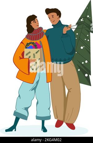 Joyeux jeune couple portant un sac à provisions avec des cadeaux de Noël et un arbre de pin. Joyeux femme et homme avec le nouvel an présente pour les vacances d'hiver. Plat Illustration de Vecteur