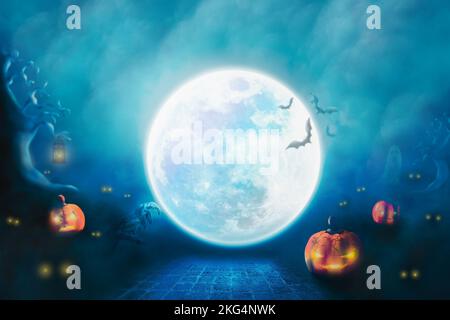 3D illustration, Halloween festival fond concept, la super pleine lune et le Jack o lanterne citrouille dans le mystérieux cimetière Banque D'Images