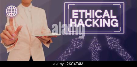 Écriture de texte piratage éthique. Aperçu de l'entreprise action de localiser les faiblesses et les vulnérabilités de l'ordinateur Banque D'Images