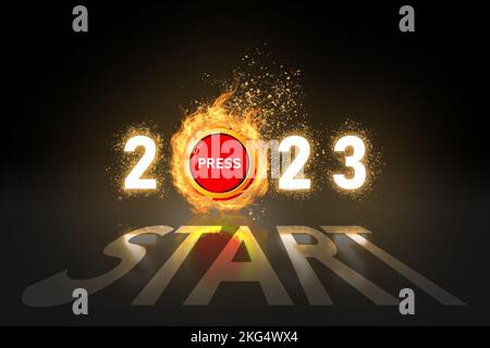 3D rendu, 2023 bonne année, bouton rouge et flamme de feu avec DÉCORATION DE TEXTE DE DÉPART sur le sol et réflexion, fond noir Banque D'Images