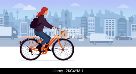 Femme à la mode à vélo dans la rue de la ville, transport et concept de style de vie Illustration de Vecteur