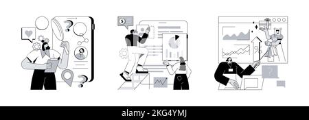 Stratégie de ciblage résumé concept vecteur jeu d'illustrations. Recherche marketing, recherche sur les concurrents, comportement des consommateurs, groupe de discussion, agence d'enquête, public cible, analyse métaphore abstraite. Illustration de Vecteur