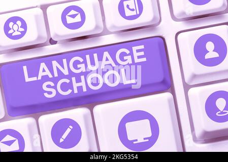 Légende de texte présentant l'école de langue. Mot pour l'établissement d'enseignement où les langues étrangères sont enseignées Banque D'Images
