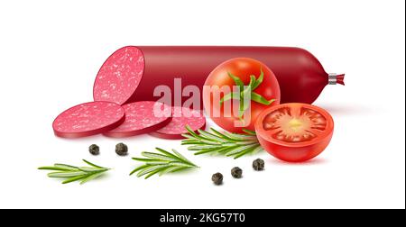 Composition de saucisses. Salami réaliste, charcuterie fumée, wurst entier et tranché au romarin, poivre et tomates, 3D éléments isolés sur blanc Illustration de Vecteur