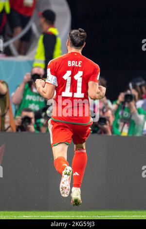 Al-Rayyan, Qatar. 21st novembre 2022. AL-RAYYAN, AR - 21.11.2022 : USA VS PAYS DE GALLES - Gareth Bale du pays de Galles fête après avoir marqué un but et le dessin du match (1-1) pendant le match entre les Etats-Unis et le pays de Galles, valide pour la phase de groupe de la coupe du monde, tenue au stade Ahmed bin Ali à Al-Rayyan, Qatar . (Photo: Richard Callis/Fotoarena) crédit: Foto Arena LTDA/Alay Live News Banque D'Images