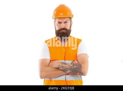 ingénieur sérieux isolé sur fond blanc. ingénieur homme en uniforme. ingénieur barbu Banque D'Images
