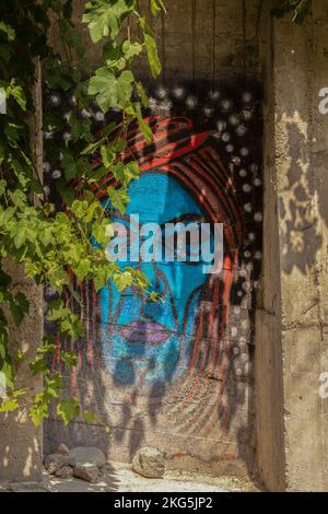 7-19-2019 Tbilissi Géorgie ancienne fresque peinte sur un mur rugueux partiellement caché par des vignes et accrochée par le soleil et l'ombre Banque D'Images