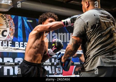 Los Angeles, Californie, États-Unis. 21st novembre 2022. Amado Vargas travaille à l'entraînement de médias Zepeda vs Prograis. Amado se battera sur la carte de l'événement. (Image de crédit : © Adam DelGiudice/ZUMA Press Wire) Banque D'Images