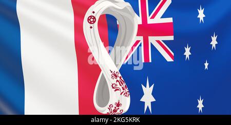 Rendu du drapeau des équipes nationales de football de France contre Australie lors de FIFA 2022 au Qatar. Drapeau de développement des équipes de la coupe du monde. Banque D'Images