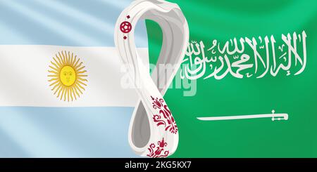 Représentation du drapeau des équipes nationales de football Argentine contre Arabie Saoudite à FIFA 2022 au Qatar. 7000x3500. Drapeau de développement des équipes du Banque D'Images