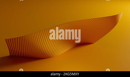 3D-Illustration d'un mur ondulé fait de planches dorées installées sur fond orange vif Banque D'Images