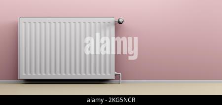 3D-Illustration d'un simple radiateur blanc de la place de chauffage central au mur rose dans la maison Banque D'Images