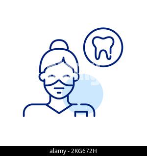Infirmière dentaire féminine portant un masque chirurgical. Icône de ligne de contour pixel Perfect, modifiable Illustration de Vecteur