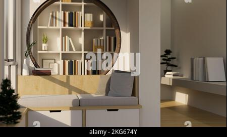 Décoration intérieure de salon confortable et minimaliste avec canapé contre le mur circulaire, étagères, plantes, mur blanc et décoration. 3d fin Banque D'Images