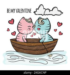 BAISER CHAT et flottant avec son Sweetheart en bateau sur l'eau Cartoon de la Saint-Valentin dessin à la main avec texte écriture manuscrite scénario ensemble pour Prin Illustration de Vecteur