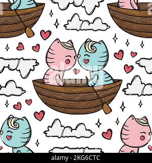 BAISER DE CHAT EN BATEAU et flottant avec son Sweetheart parmi les nuages de la Saint-Valentin dessin main dessin vectoriel de motif sans couture Illustration pour l'impression Illustration de Vecteur