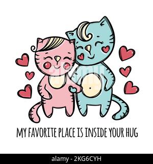 CHATS EN AMOUR Cats heureux aimant tenant les mains autour d'eux Fly cœur rouge dessin animé animaux clip Art main avec texte écriture manuscrite Illustration vectorielle Illustration de Vecteur