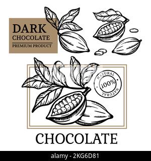 ÉTIQUETTES CHOCOLAT Cocoa Design d'autocollants et d'étiquettes pour les produits Sweet de style vintage Monochrome dessin main clip Art Vector Illustration Set Illustration de Vecteur