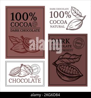 CHOCOLAT ET CACAO conception d'autocollants et d'étiquettes pour les produits de chocolat au cacao en style vintage Monochrome dessin main clip Art Vector ensemble d'illustrations Illustration de Vecteur