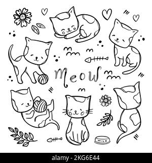 COLORIAGE PAGE CHATONS mignon Cats bébés dormir et jouer avec balle parmi les fleurs dessin animé Monochrome Clipart avec texte abstrait Vector Illustra Illustration de Vecteur