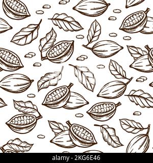 DESSIN DE CACAO graines et feuilles Design en marron couleur sur fond blanc en style vintage Monochrome dessiné à la main sans couture motif vectoriel Illustration FO Illustration de Vecteur