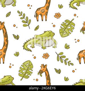 CROCODILE ET GIRAFE mignon dessin main animaux tropicaux africains Grunge style sans couture motif vectoriel Illustration pour l'impression Illustration de Vecteur