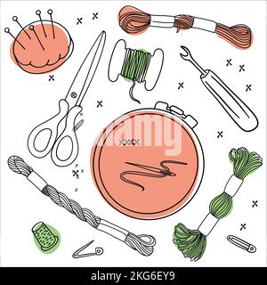 OUTILS DE POINT DE CROIX Accessoires de broderie ensemble de conception d'illustrations vectorielles pour l'impression Illustration de Vecteur
